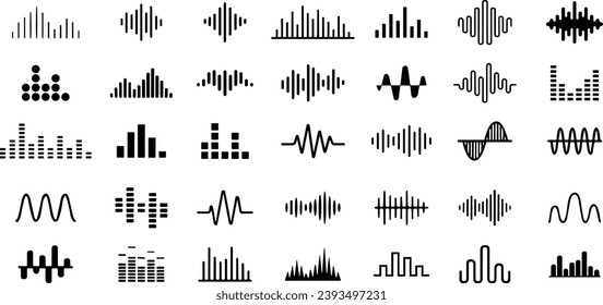 Sound waves icons set. Analog and digital audio signal collection. Music equalizer. Interference voice recording. High frequency radio wave. Vector illustration. svg