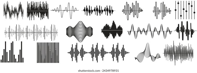 Iconos de ondas de sonido establecidos. Colección de señales de audio analógico y digital. Ecualizador de música. Interferencia en la grabación de voz. Onda de alta frecuencia. Ilustración vectorial.