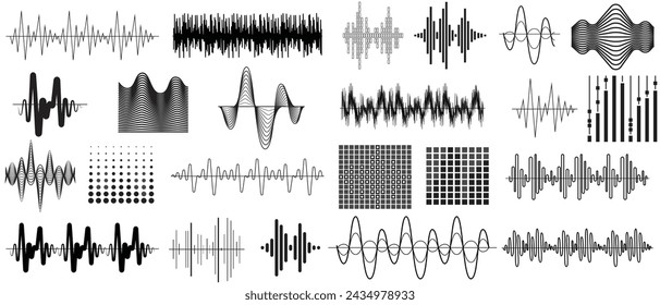 Sound waves icons set. Analog and digital audio signal collection. Music equalizer. Interference voice recording. High frequency radio wave. Vector illustration.