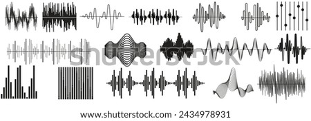 Sound waves icons set. Analog and digital audio signal collection. Music equalizer. Interference voice recording. High frequency radio wave. Vector illustration.