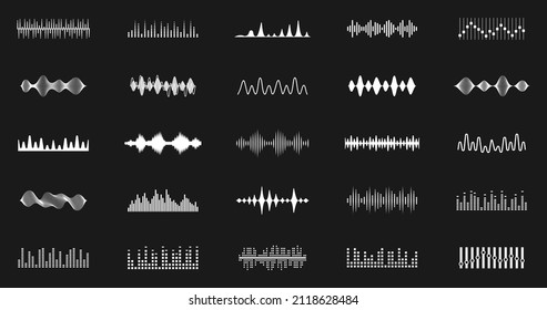 Sound waves icons set. Music frequency. Audio player. Sound equalizers. Radio wave icons. Abstract digital equalizers for music app. Volume level symbols. Vector