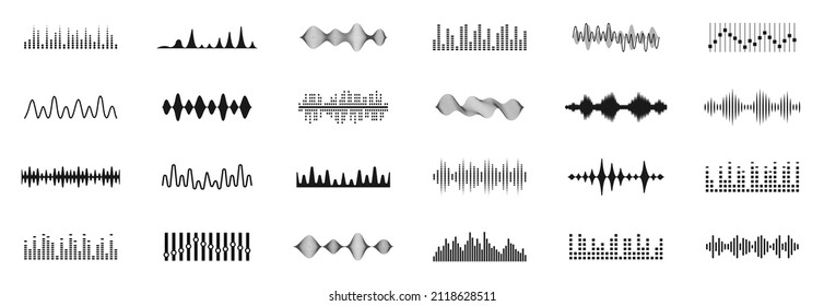 Sound waves icons set. Music frequency. Audio player. Sound equalizers. Radio wave icons. Abstract digital equalizers for music app. Volume level symbols. Vector
