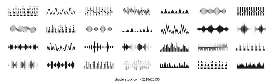 Symbole für Schallwellen setzen. Musikfrequenz. Audio-Player. Soundequalizer. Radiowellen-Symbole. Abstrakte digitale Equalizer für Musik-App. Symbole auf Lautstärke. Vektorgrafik