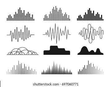 Sound waves icons set. Symbols for  audio equalizer technology, musical pulse emblem. Monochrome version