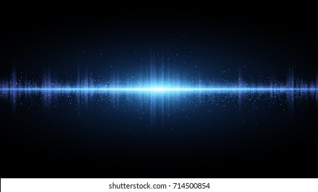 Sound waves of light blue on a dark background. Background for the radio, club, party. Vibration of light. Bright flash of light with luminous dust. Vector illustration