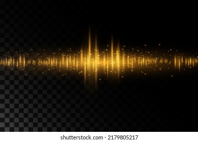 Sound waves of light gold color on a transparent background. light effect. Background for radio, club, party. Vibration of light. Bright flash of light with glowing dust. Vector illustration. EPS 10