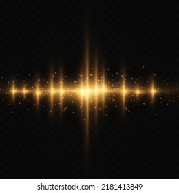 Sound waves of light gold color on a transparent background. light effect. Background for radio, club, party. Vibration of light. Bright flash of light with glowing dust. Vector illustration. EPS 10