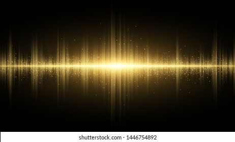 Sound waves of light golden on a dark background. Light effect. Background for the radio, club, party. Vibration of light. Bright flash of light with luminous dust. Vector illustration. EPS 10