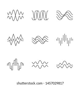 Conjunto de ícones lineares de ondas sonoras. Ritmo musical, pulso cardíaco. Ondas de áudio, gravação de som e sinais. Formas de onda digitais. Símbolos de contorno de linha fina. Ilustrações de contorno vetorial isolado. Traçado editável