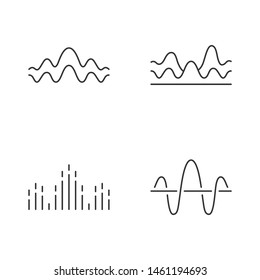 Sound waves linear icons set. Noise, vibration frequency. Volume, equalizer level wavy lines. Music waves, rhythm. Thin line contour symbols. Isolated vector outline illustrations. Editable stroke