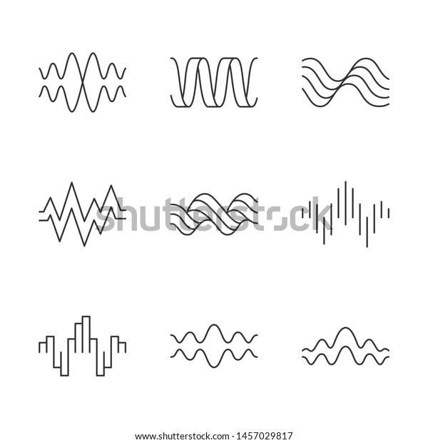 Sound waves linear icons set. Music rhythm, heart\
pulse. Audio waves, sound recording and signals. Digital waveforms.\
Thin line contour symbols. Isolated vector outline illustrations.\
Editable stroke