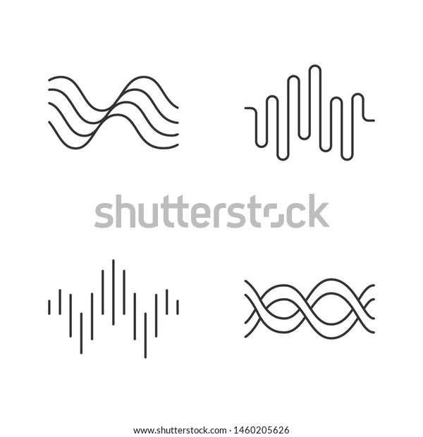 Sound waves linear icons set. Audio waves. Sound,\
voice recording. Music rhythm logotype. Digital waveform frequency.\
Thin line contour symbols. Isolated vector outline illustrations.\
Editable stroke