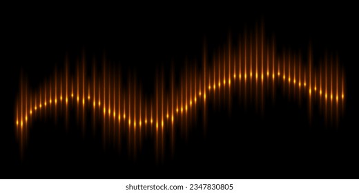 Ondas sonoras de líneas con ilustración vectorial de efecto luminoso brillante. Forma de onda abstracta de la música y la voz, pantalla gráfica de señal digital de audio, diagrama de curva brillante de flujo de sonido sobre fondo negro