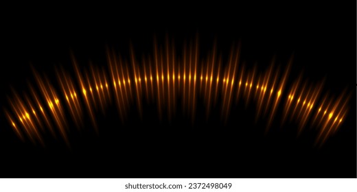 Sound waves of lines with glow light effect vector illustration. Abstract spectrum waveform pattern, equalizer graph of audio energy, bright curve diagram of sound flow on black background.