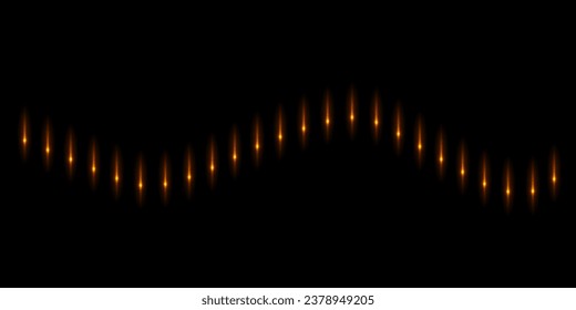 Ondas sonoras de líneas con ilustración vectorial de efecto luminoso brillante. Forma de onda abstracta de la música y la voz, pantalla gráfica de señal digital de audio, diagrama de curva brillante de flujo de sonido sobre fondo negro.