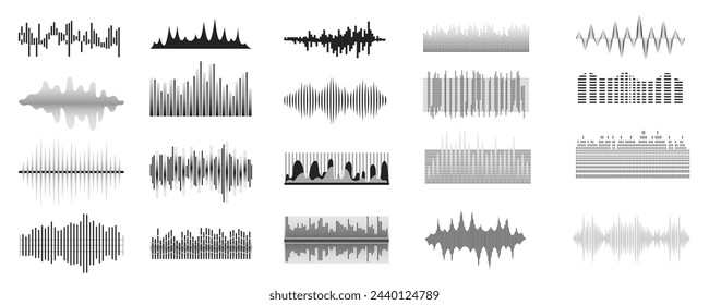 Sound waves mega set in flat graphic design. Bundle elements of abstract black lines radio frequency, audio waveforms, music equalizer, volume tunes levels, other. Vector illustration isolated objects