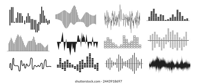 Sound waves mega set in flat graphic design. Collection elements of abstract black line music volume and audio lines, tune equalizer visualisation, voice frequency signal symbol. Vector illustration.