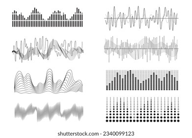 Sound waves mega set in graphic flat design. Bundle elements of curve soundwaves with different frequency, voice and signal waveform, music and audio symbols. Vector illustration isolated stickers