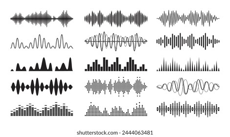 Sound Waves Monochrome Symbols Set. Music Waveform, Audio Frequency, Volume And Pulse. Black and White Colored Waves