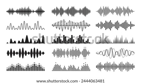 Sound Waves Monochrome Symbols Set. Music Waveform, Audio Frequency, Volume And Pulse. Black and White Colored Waves