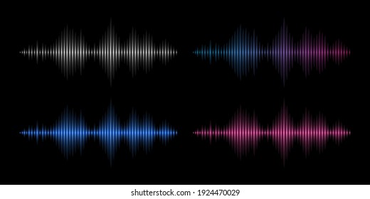 Sound waves. Music frequency, abstract electronic soundtrack. Metal, red and blue waveform energy vector set. Illustration wave soundtrack frequency, music equalizer rainbow glowing