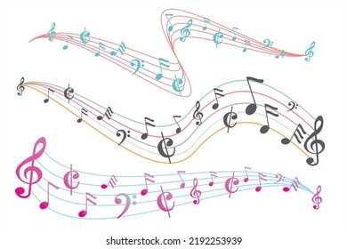 Sound waves. Music notes for music background. Collection of pentagram with musical notes