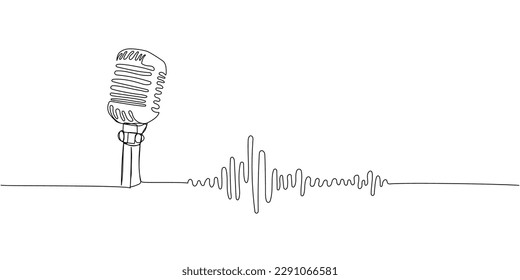 Ondas sonoras, música, micrófono retro arte de una línea. Dibujo continuo de líneas de audio, música, radio, disco, digital, estéreo, radiodifusión, micrófono, radio, música, karaoke, melodía