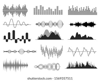 Sound waves. Music wave, audio frequency waveform. Radio voice and soundtrack symbols. Soundwave abstract signals isolated vector set