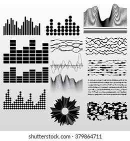 Sound waves. Musical sound waves. Audio waves. Display. Monochrome. Earthquake. Scale. Pulse. Background. Schedule set.