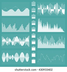 Sound waves. Musical sound waves. Audio waves. Display. Monochrome. Earthquake. Scale. Pulse. Background. Schedule set.