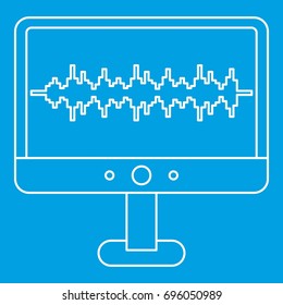 Sound waves on a computer monitor icon blue outline style isolated vector illustration. Thin line sign