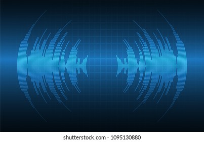 Olas sonoras oscilando la luz azul oscuro, fondo de tecnología abstracta. Vector.