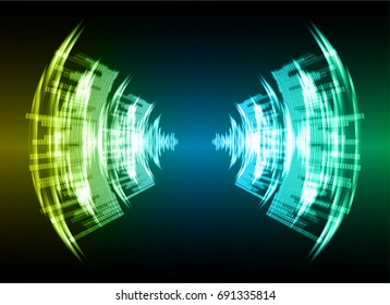 Sound waves oscillating dark blue yellow green light, Abstract technology background. Vector.