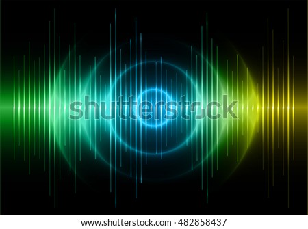 Sound waves oscillating dark blue yellow green light, Abstract technology background. Vector.