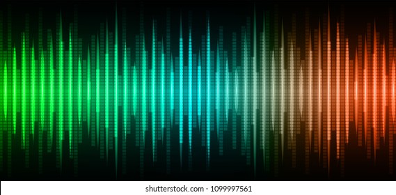 Sound waves oscillating dark green red blue light, Abstract technology background. Vector.