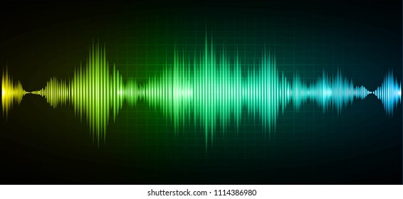 Sound waves oscillating dark green yellow blue light, Abstract technology background. Vector.