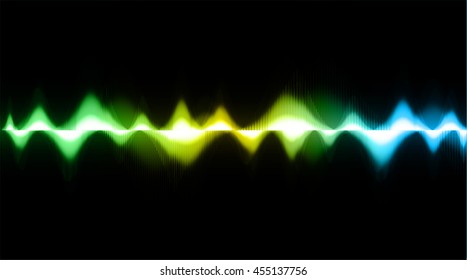 Sound waves oscillating dark green yellow blue light, Abstract technology background. Vector.