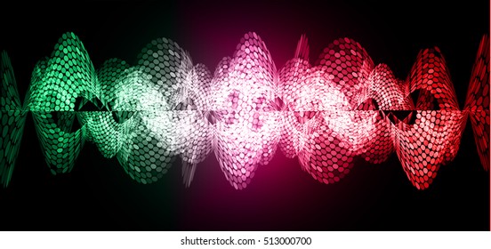 Sound waves oscillating dark green pink red light, Abstract technology background. Vector.