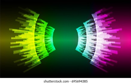 Sound waves oscillating dark green purple yellow light, Abstract technology background. Vector.