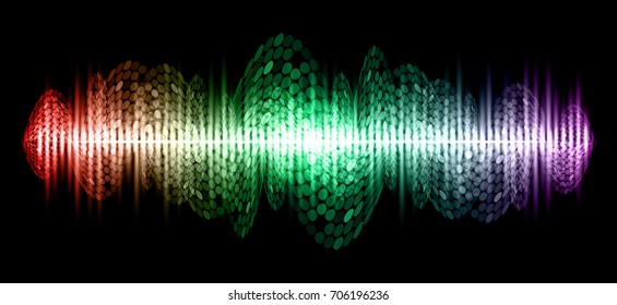 Sound waves oscillating dark green purple red light, Abstract technology background. Vector.