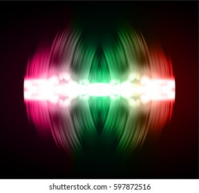 Sound waves oscillating dark pink green red light, Abstract technology background. Vector.