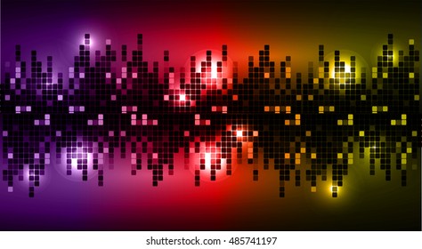 Sound waves oscillating dark purple red yellow light, Abstract technology background. Vector.