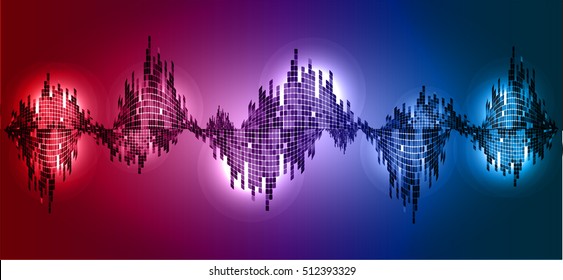 Sound waves oscillating dark red blue light, Abstract technology background. Vector.
