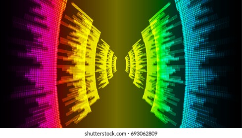 Sound waves oscillating dark red yellow blue light, Abstract technology background. Vector.