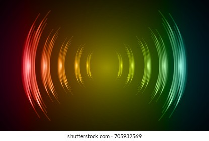 Sound waves oscillating dark red blue yellow green light, Abstract technology background. Vector.