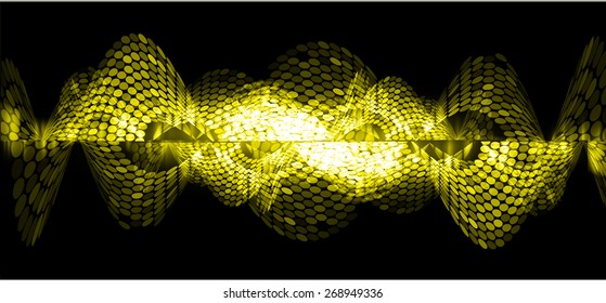 Sound waves oscillating dark yellow light, Abstract technology background. Vector.