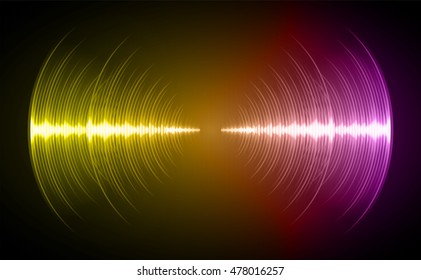 Sound waves oscillating dark yellow purple light, Abstract technology background. Vector.