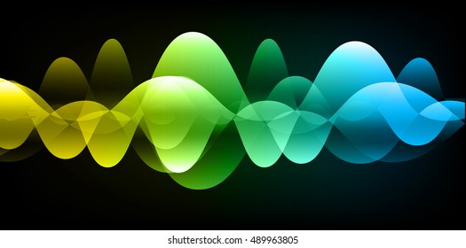 Sound waves oscillating dark yellow green blue light, Abstract technology background. Vector.