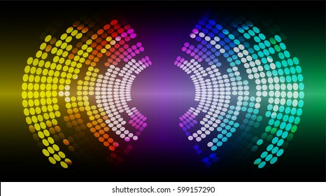 Sound waves oscillating dark yellow purple green light, Abstract technology background. Vector.