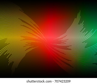 Sound waves oscillating dark yellow red green light, Abstract technology background. Vector.